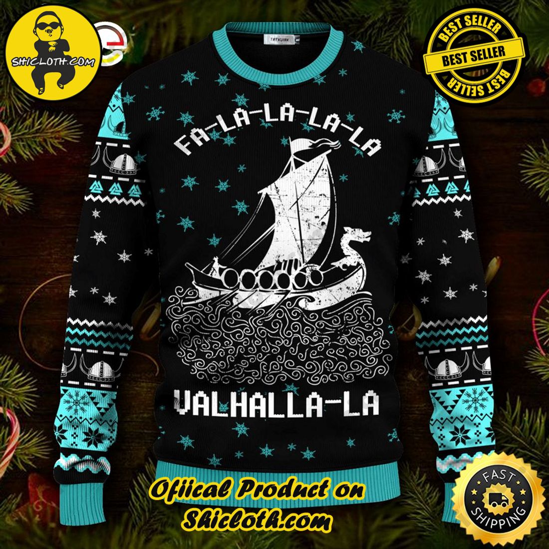 Best seller: Warm Up Your Holidays with Shiclothshop's Cozy Christmas Sweaters for a Peaceful Season 23 Falalala Valhallala Blue Snow Viking Ugly Christmas Sweater For Men & Women Christmas Gift Sweater