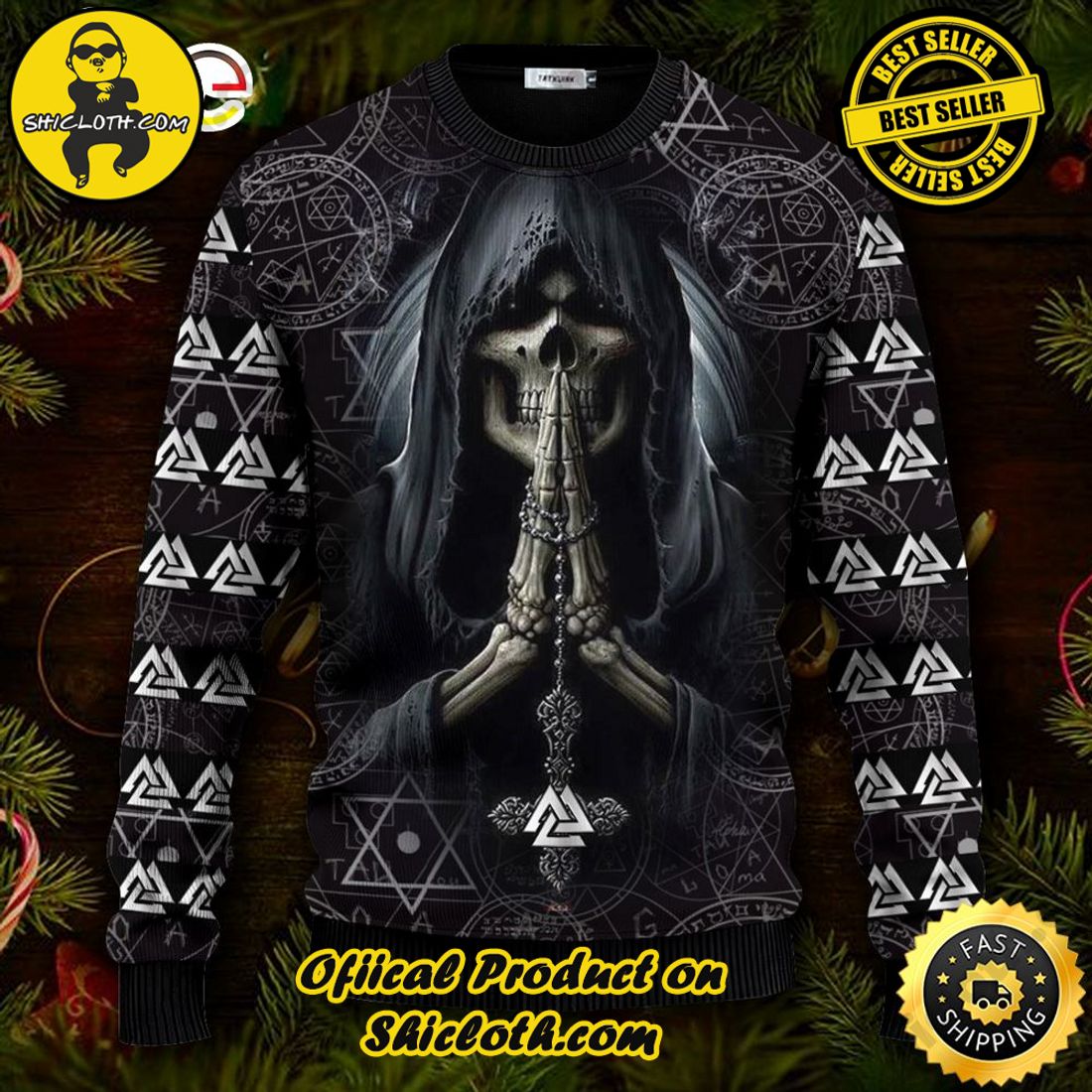 Best seller: Warm Up Your Holidays with Shiclothshop's Cozy Christmas Sweaters for a Peaceful Season 31 God of Death Valknut Pattern Ugly Christmas Sweater For Men & Women Christmas Gift Sweater