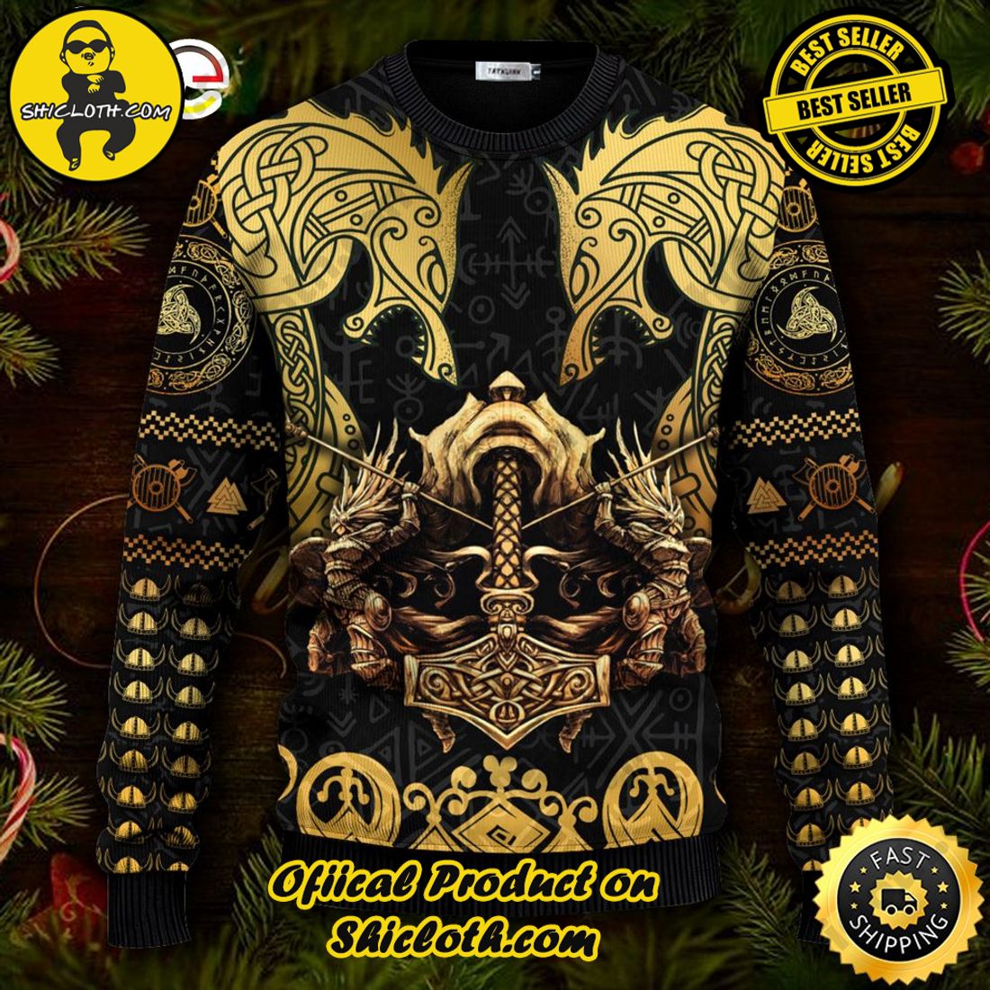 Best seller: Warm Up Your Holidays with Shiclothshop's Cozy Christmas Sweaters for a Peaceful Season 32 Gold Mythical Dragon Viking Ugly Christmas Sweater For Men & Women Christmas Gift Sweater