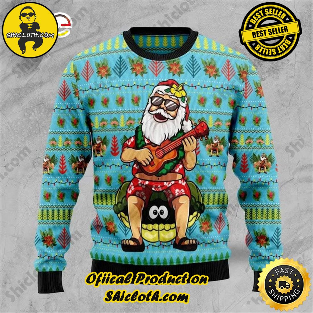Shiclothshop's Ugly Christmas Sweaters: Embrace Festive Fashion with Flair 7 Hawaiian Xmas Santa Playing Ukulele And Turtle Sweater