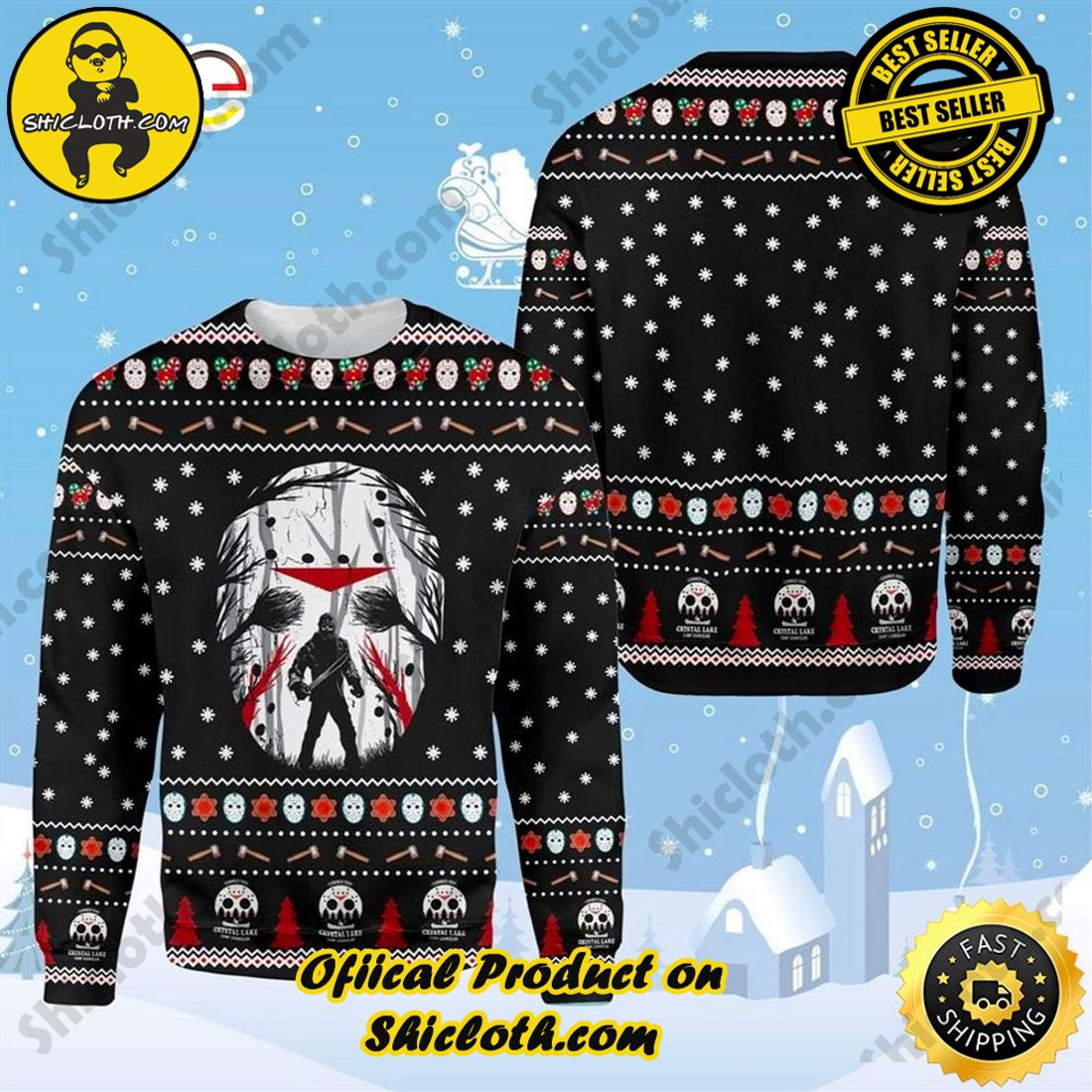 Shiclothshop's Ugly Christmas Sweaters: Embrace Festive Fashion with Flair 11 Horror Movie Gift Jason Voorhees Friday The 13th Xmas Ugly Christmas Sweater