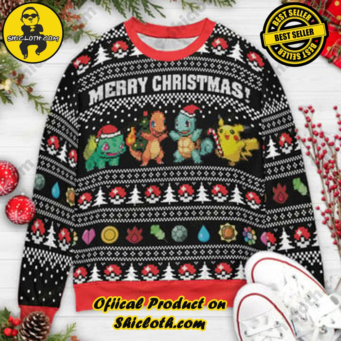 Hot Trending and Best Seller: Shiclothshop's Ugly Christmas Sweaters: Embrace Festive Fashion with Flair 62 Kanto Starters Pokemon Ugly Christmas Sweater