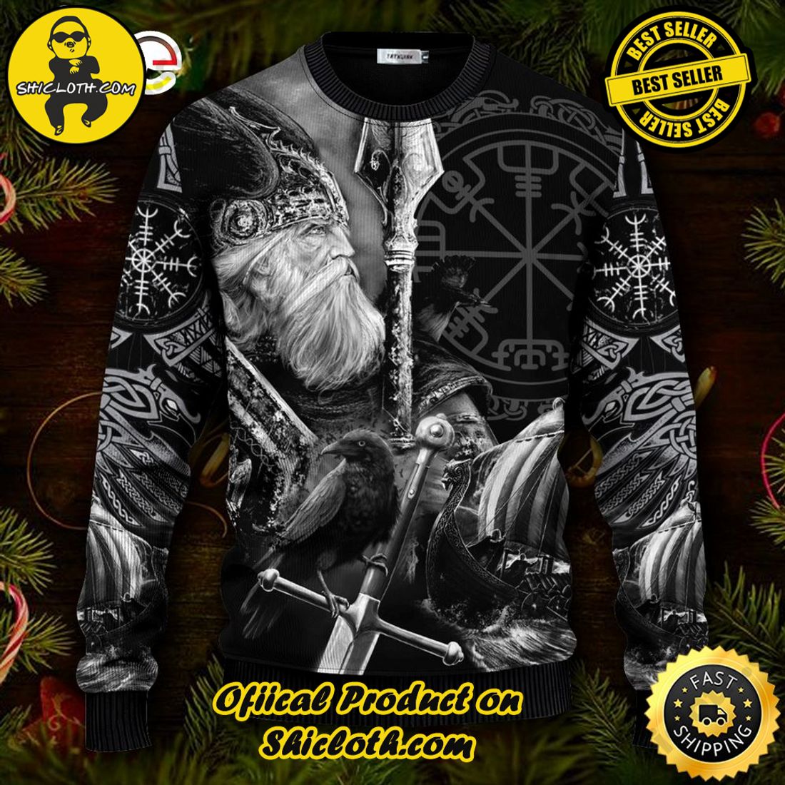 Best seller: Warm Up Your Holidays with Shiclothshop's Cozy Christmas Sweaters for a Peaceful Season 55 King Of War Vegvisir Symbol Ugly Christmas Sweater For Men & Women Christmas Gift Sweater