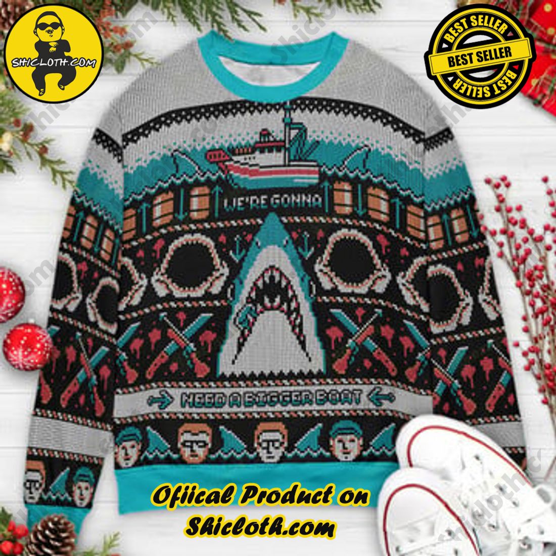 Hot Trending and Best Seller: Shiclothshop's Ugly Christmas Sweaters: Embrace Festive Fashion with Flair 77 Need A Bigger Boat Jaws Ugly Christmas Sweaters