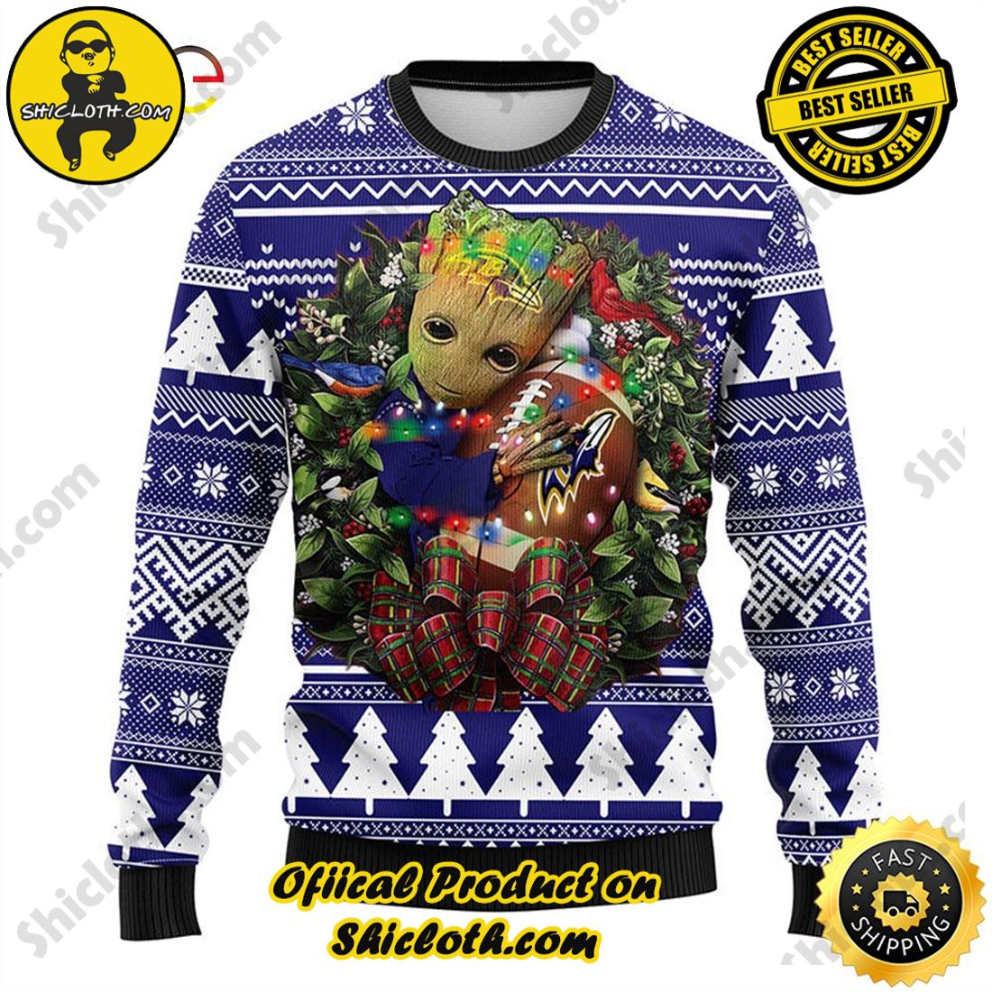 Hot trending and Best Seller : Exploring Shicloth's NFL Ugly Sweater Collection 7 NFL Baltimore Ravens Groot Hug Ugly Sweater