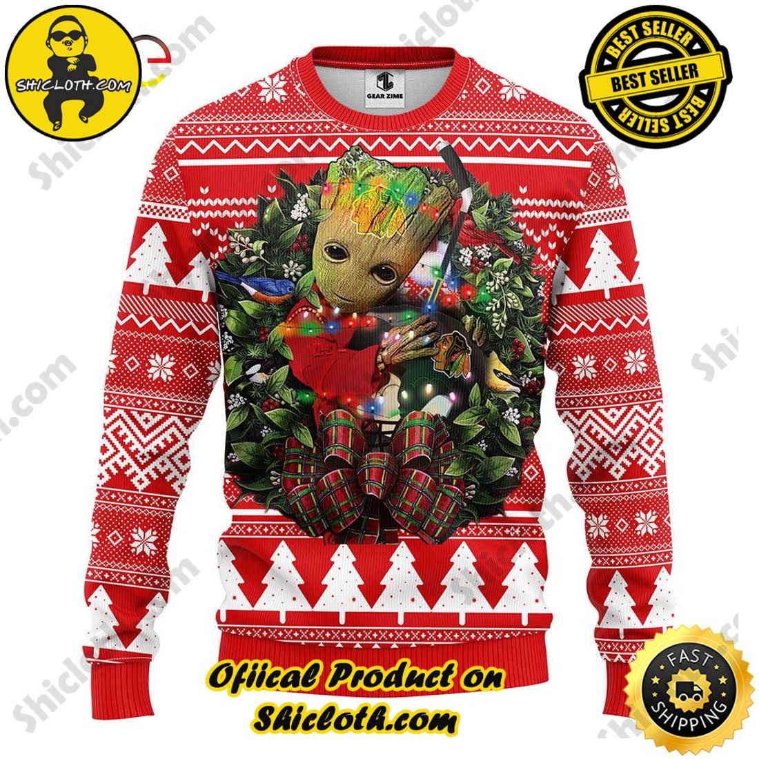 Hot trending and Best Seller : Exploring Shicloth's NFL Ugly Sweater Collection 16 NFL Chicago Blackhawks Groot Hug Ugly Sweater
