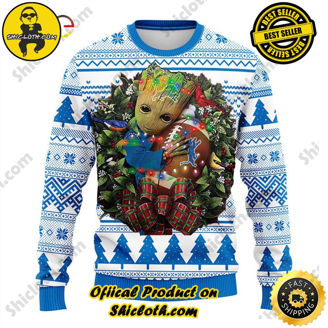 Hot trending and Best Seller : Exploring Shicloth's NFL Ugly Sweater Collection 25 NFL Detroit Lions Groot Hug Ugly Sweater