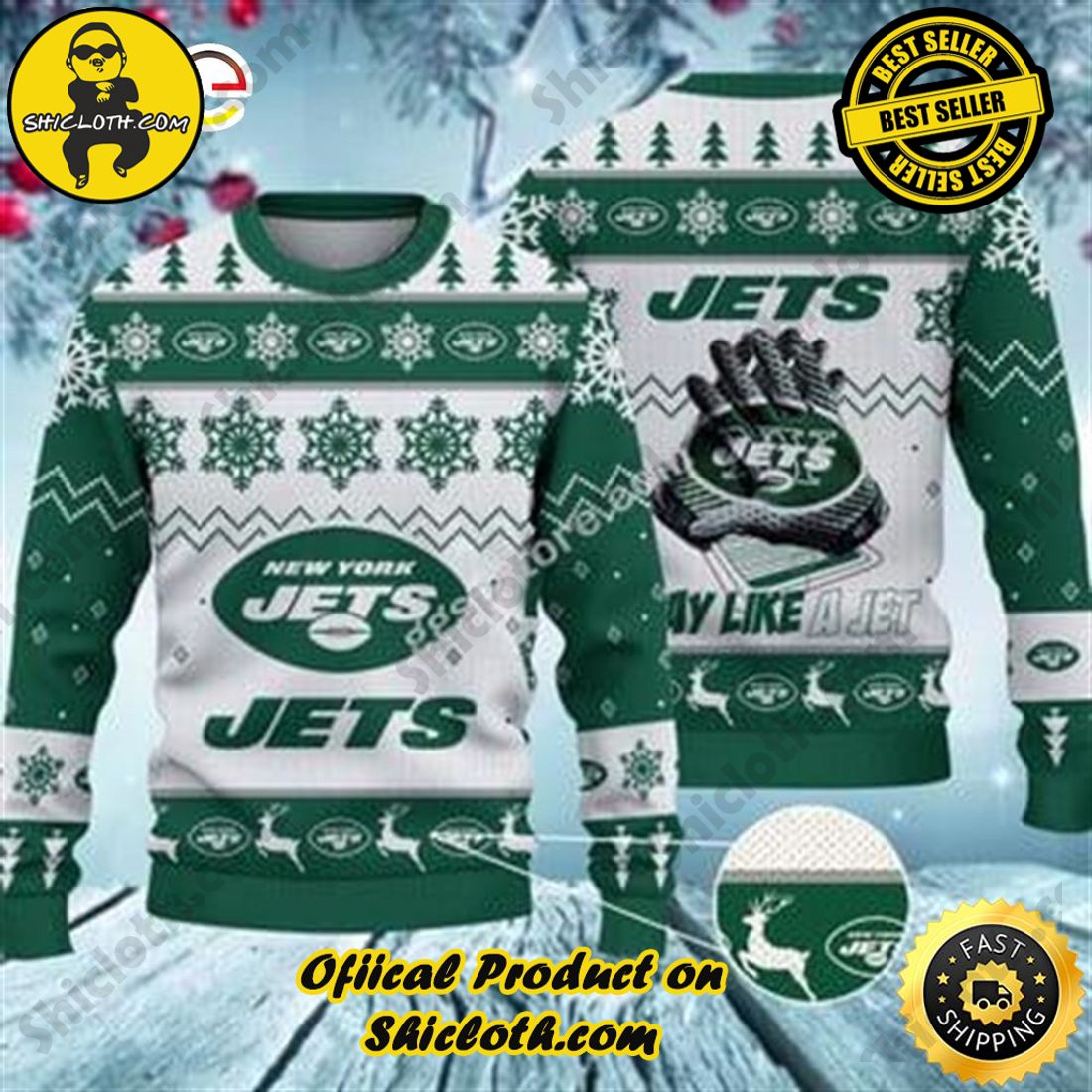 New York Jets Big Snowflake Pattern Ugly Christmas Sweater