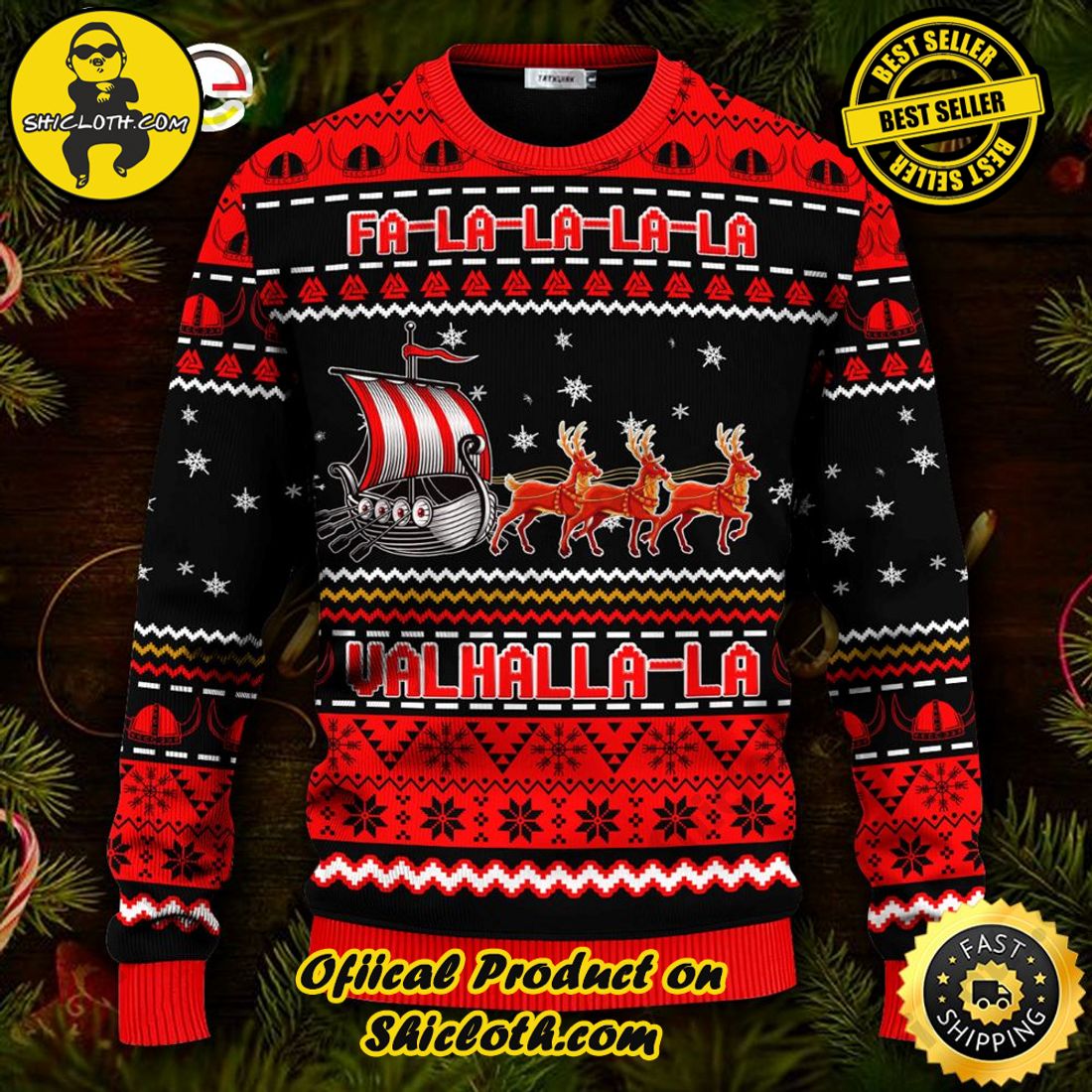 Best seller: Warm Up Your Holidays with Shiclothshop's Cozy Christmas Sweaters for a Peaceful Season 67 Red Falalalala Valhallala Viking Ships Ugly Christmas Sweater For Men & Women Christmas Gift Sweater