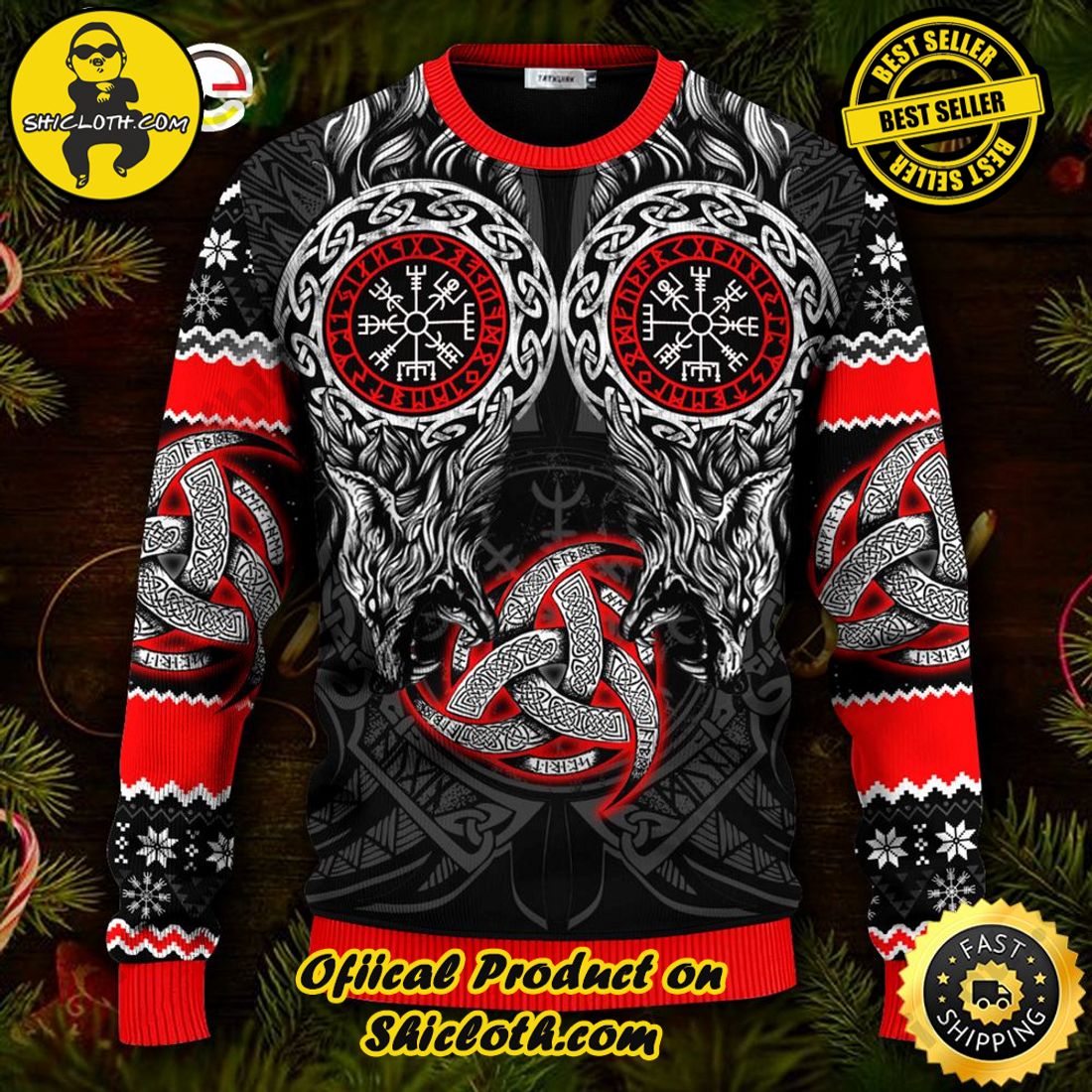 Best seller: Warm Up Your Holidays with Shiclothshop's Cozy Christmas Sweaters for a Peaceful Season 69 Red Triple Horn Pattern Wolf Ugly Christmas Sweater For Men & Women Christmas Gift Sweater