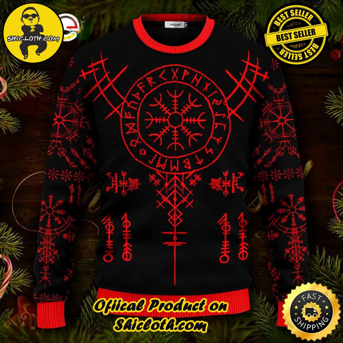 Best seller: Warm Up Your Holidays with Shiclothshop's Cozy Christmas Sweaters for a Peaceful Season 70 Red Vegvisir Symbol Viking Ugly Christmas Sweater For Men & Women Christmas Gift Sweater