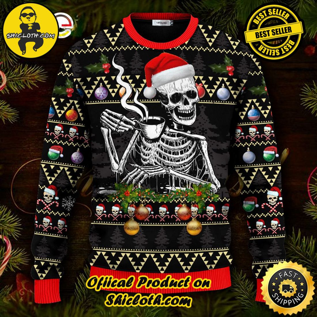 Best seller: Warm Up Your Holidays with Shiclothshop's Cozy Christmas Sweaters for a Peaceful Season 78 Skull Drinking Hot Coffee Christmas Ugly Christmas Sweater For Men & Women Christmas Gift Sweater