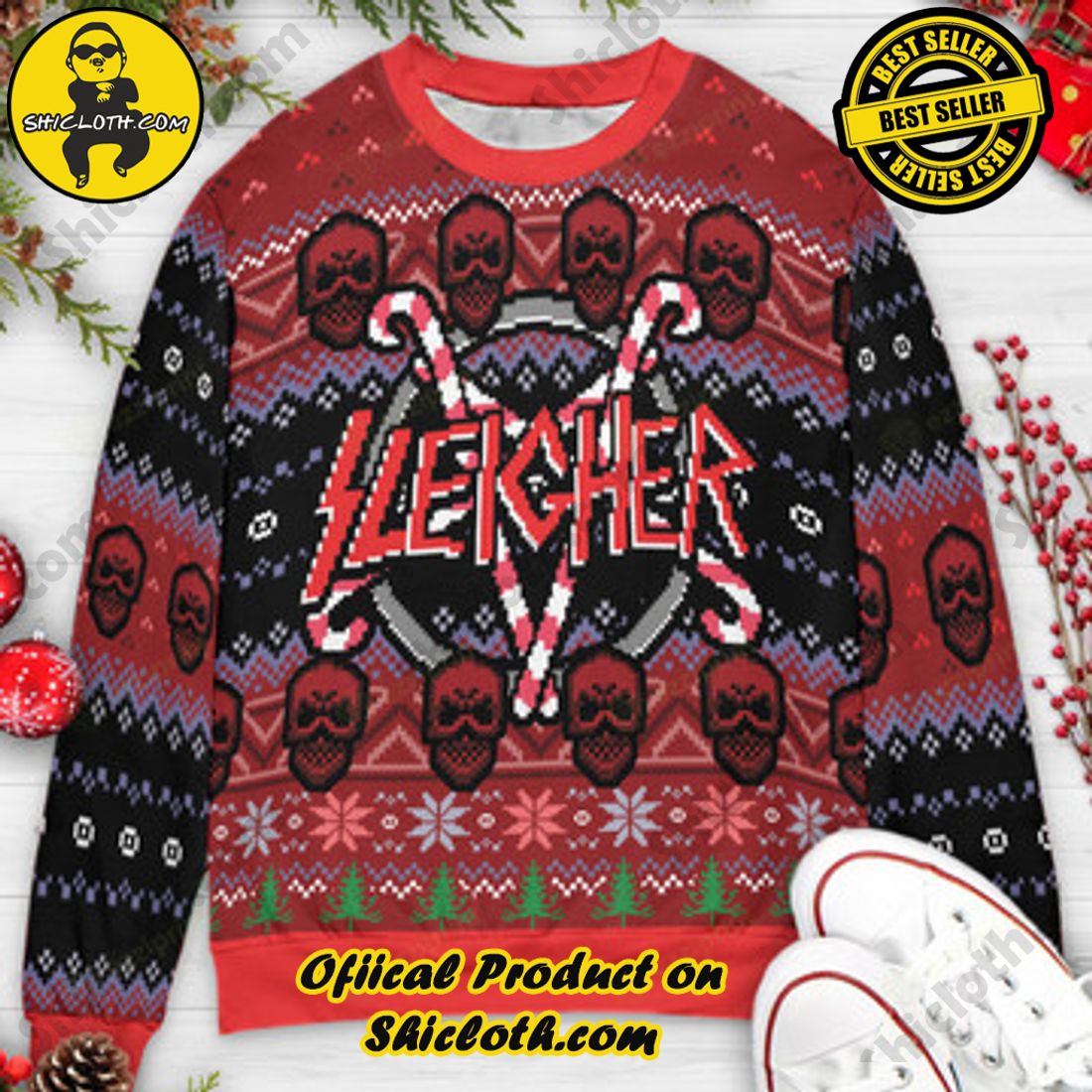 Sleigher reindeer blood christmas on sale sweater