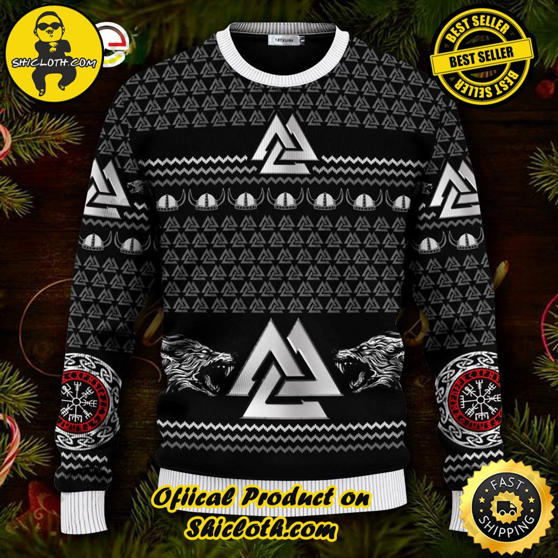 Shiclothshop's Ugly Christmas Sweaters: Embrace Festive Fashion with Flair 36 Wolf Valknut Pattern Viking Ugly Christmas Sweater For Men & Women Christmas Gift Sweater