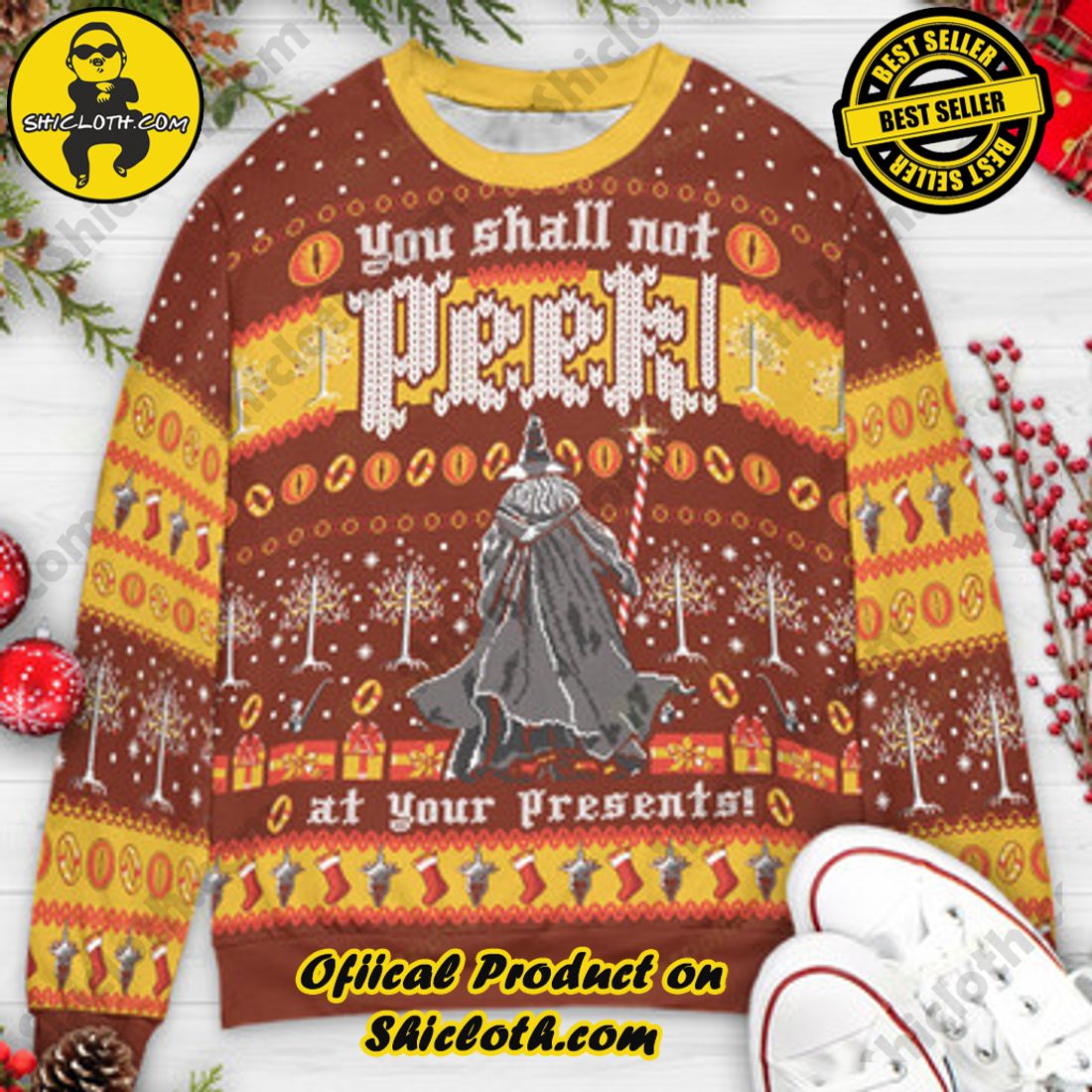 Shiclothshop's Sweaters: The Perfect Fashionable Gift for Everyone 38 You shall not peek at your presents Gandalf The Lord of the Rings Ugly Christmas Sweater