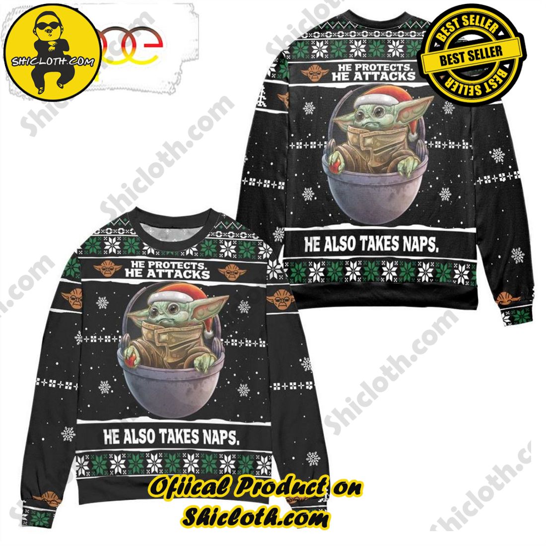 Top trending Shiclothshop's Sweater: The Perfect Cozy Christmas Gift 14 Baby Yoda He Protects He Attacks He Also Takes Naps Snowflake Pattern Ugly Christmas Sweater
