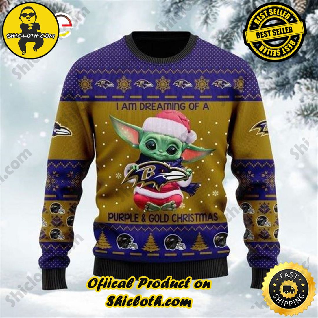 Top trending Shiclothshop's Sweater: The Perfect Cozy Christmas Gift 17 Baby Yoda I Am Dreaming Of A Purple And Gold Christmas Ugly Christmas Sweater