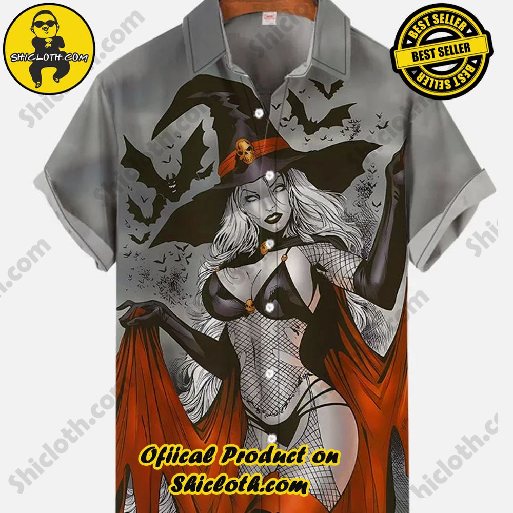 Shicloth's Short Sleeve Shirts: Effortless Elegance for Every Occasion 2 Halloween Mysterious Sexy Witche And Bats Printing Short Sleeve Shirt