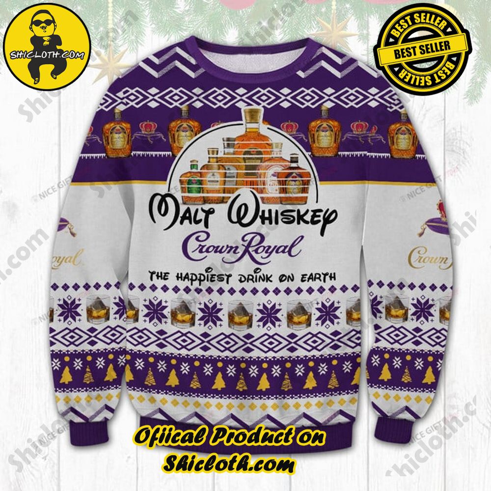 Best Seller Shiclothshop's Unique Collection of Ugly Christmas Sweaters 96 Malt Whiskey Crown Royal The Happiest Dink On Earth Ugly Sweater