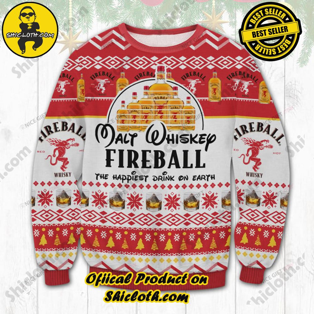 Best Seller Shiclothshop's Unique Collection of Ugly Christmas Sweaters 97 Malt Whiskey Fireball Cinnamon Whisky The Happiest Dink On Earth Ugly Sweater