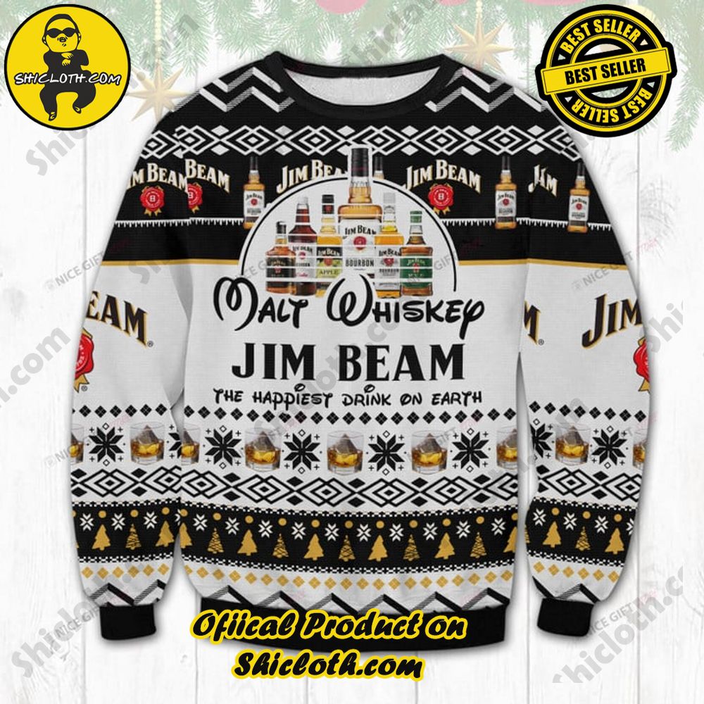 Best Seller Shiclothshop's Unique Collection of Ugly Christmas Sweaters 99 Malt Whiskey Jim Beam The Happiest Dink On Earth Ugly Sweater