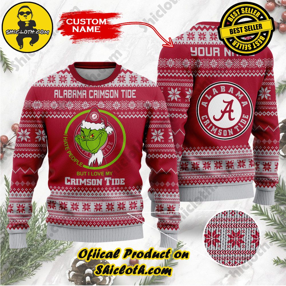 NCAA Alabama Crimson Tide Grinch Custom Name Ugly Christmas Sweater