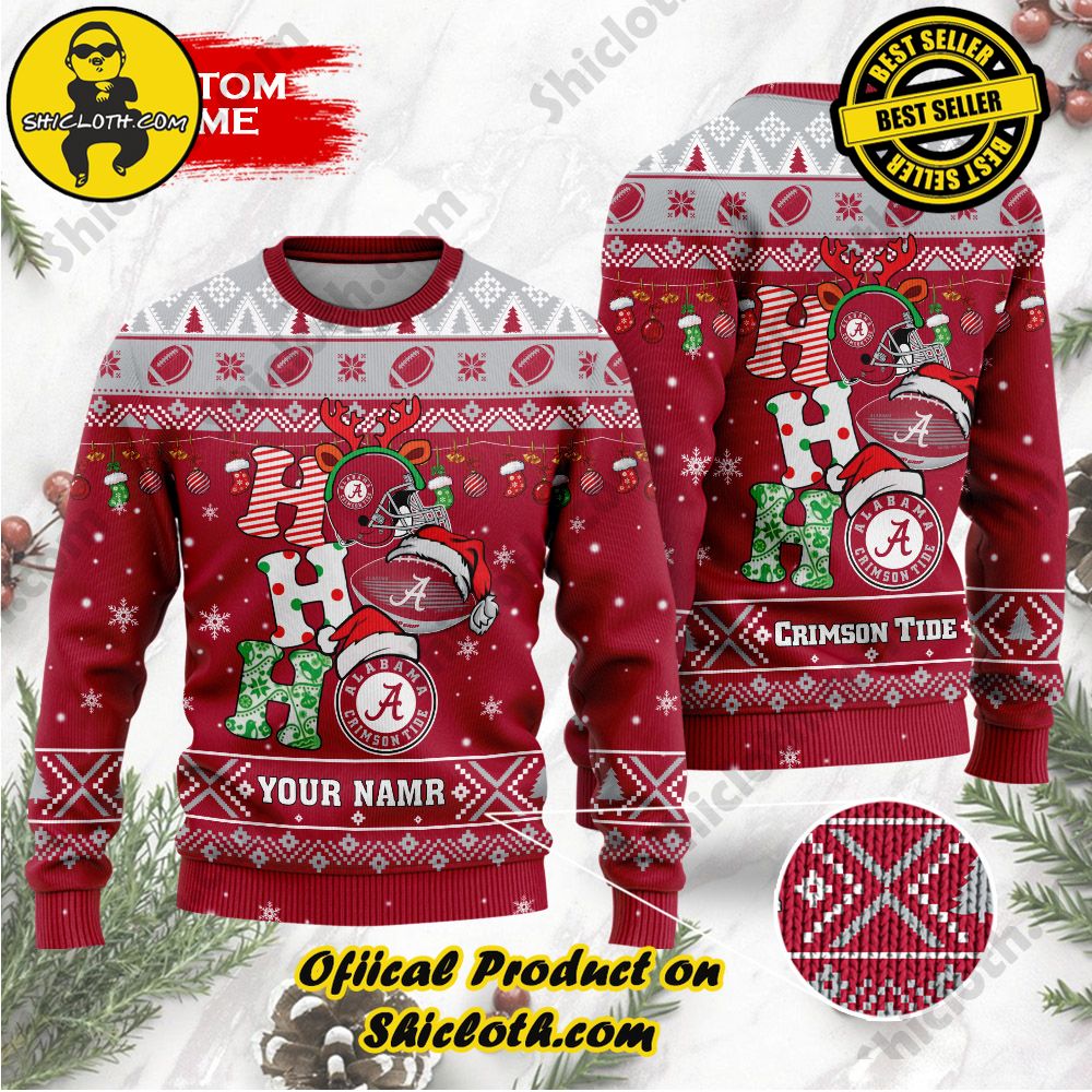 Best Seller Unveiling Festive Delight: Shiclothshop's Unique Collection of Ugly Christmas Sweaters 84 NCAA Alabama Crimson Tide Ho Ho Ho Custom Name Ugly Christmasl Sweater