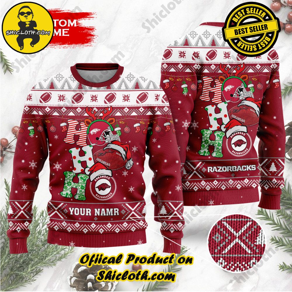 Best Seller Unveiling Festive Delight: Shiclothshop's Unique Collection of Ugly Christmas Sweaters 85 NCAA Arkansas Razorbacks Ho Ho Ho Custom Name Ugly Christmasl Sweater