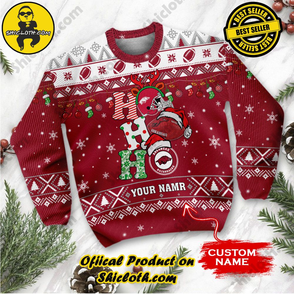 NCAA Arkansas Razorbacks Ho Ho Ho Custom Name Ugly Christmasl Sweater 2 NCAA Arkansas Razorbacks Ho Ho Ho Custom Name Ugly Christmasl Sweater - Image 2