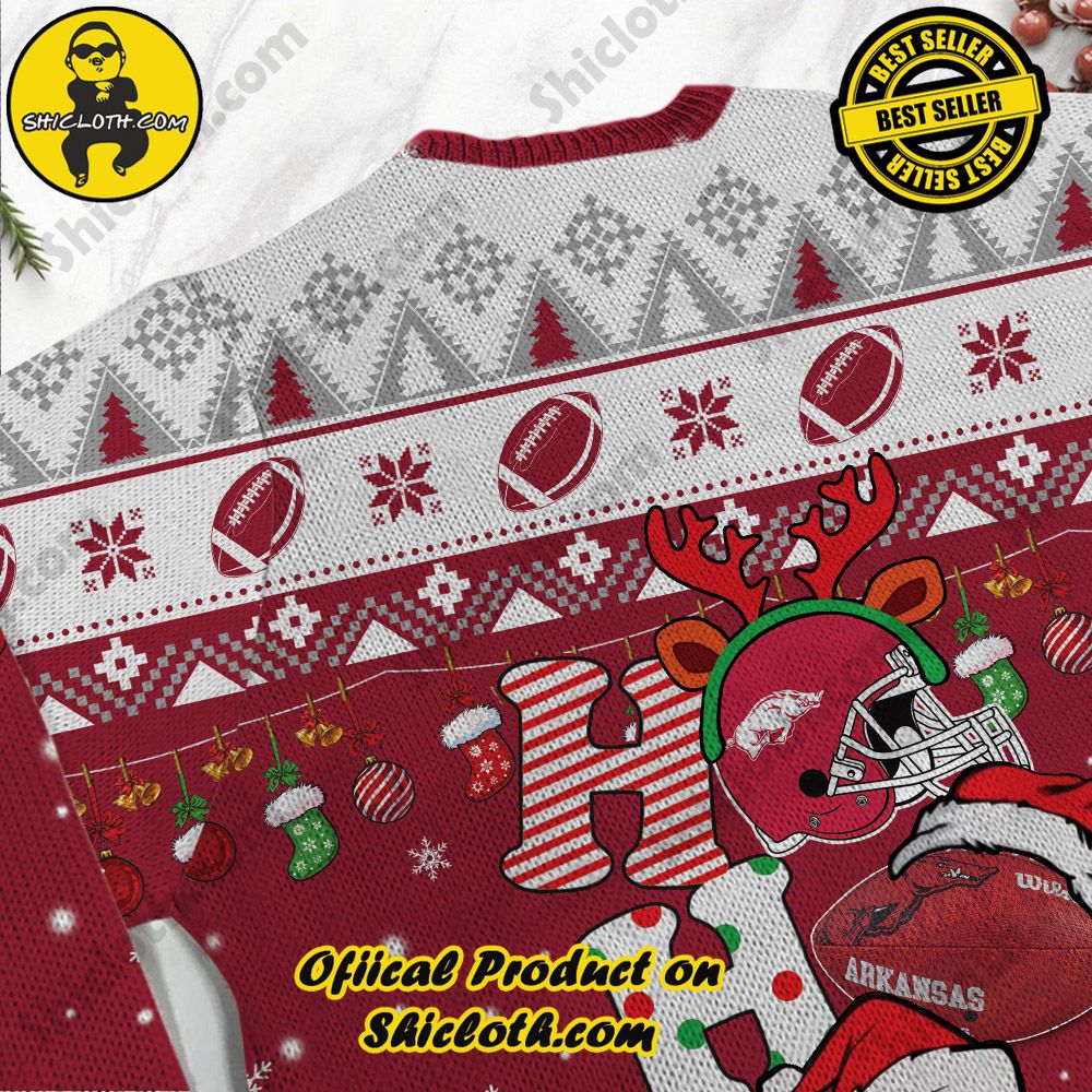 NCAA Arkansas Razorbacks Ho Ho Ho Custom Name Ugly Christmasl Sweater 3 NCAA Arkansas Razorbacks Ho Ho Ho Custom Name Ugly Christmasl Sweater - Image 3