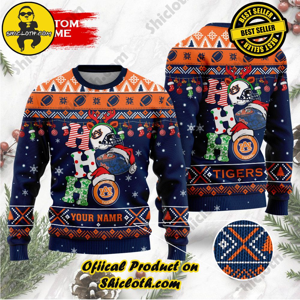Best Seller Unveiling Festive Delight: Shiclothshop's Unique Collection of Ugly Christmas Sweaters 86 NCAA Auburn Tigers Ho Ho Ho Custom Name Ugly Christmasl Sweater