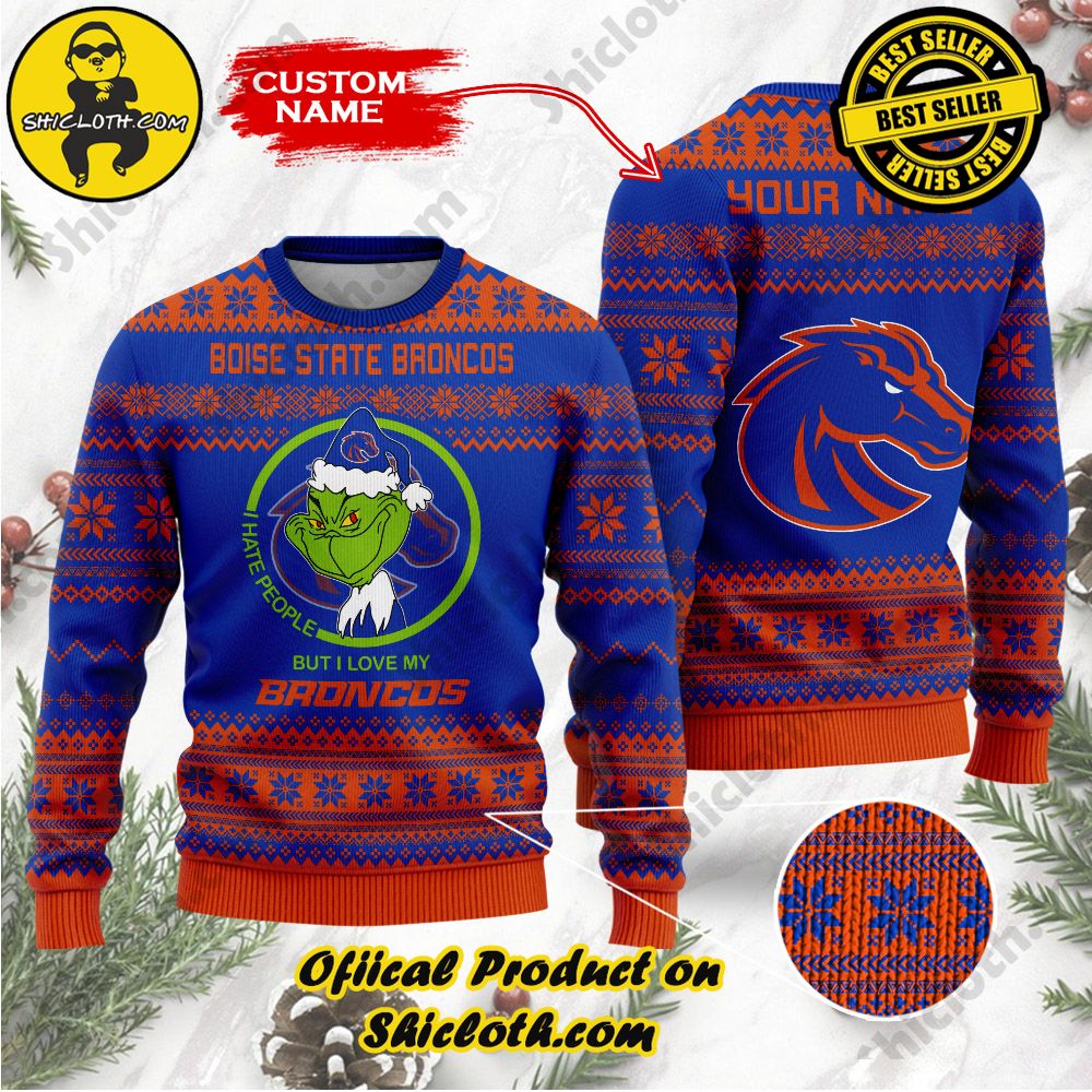 Shiclothshop's Unique Collection of Ugly Christmas Sweaters 4 NCAA Boise State Broncos Grinch Custom Name Ugly Christmas Sweater