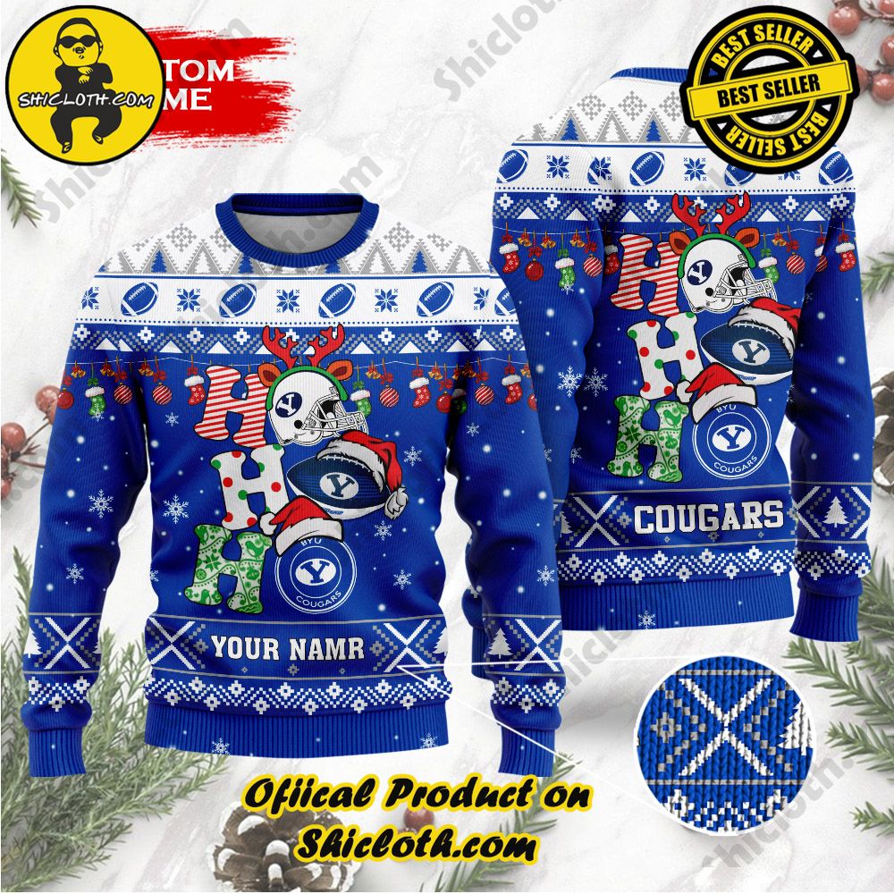 Best Seller Unveiling Festive Delight: Shiclothshop's Unique Collection of Ugly Christmas Sweaters 87 NCAA BYU Cougars Ho Ho Ho Custom Name Ugly Christmasl Sweater