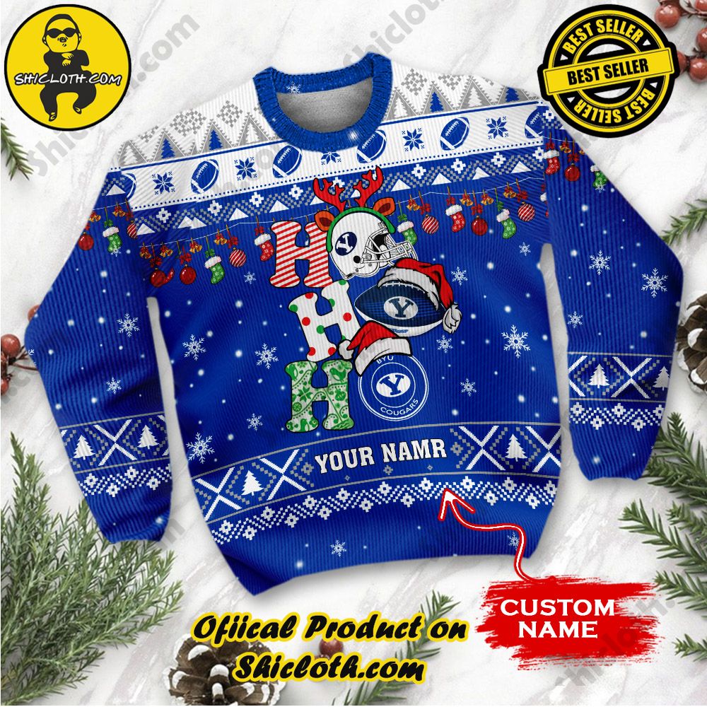 NCAA BYU Cougars Ho Ho Ho Custom Name Ugly Christmasl Sweater 2 NCAA BYU Cougars Ho Ho Ho Custom Name Ugly Christmasl Sweater - Image 2