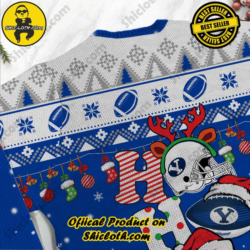 NCAA BYU Cougars Ho Ho Ho Custom Name Ugly Christmasl Sweater 3 NCAA BYU Cougars Ho Ho Ho Custom Name Ugly Christmasl Sweater - Image 3