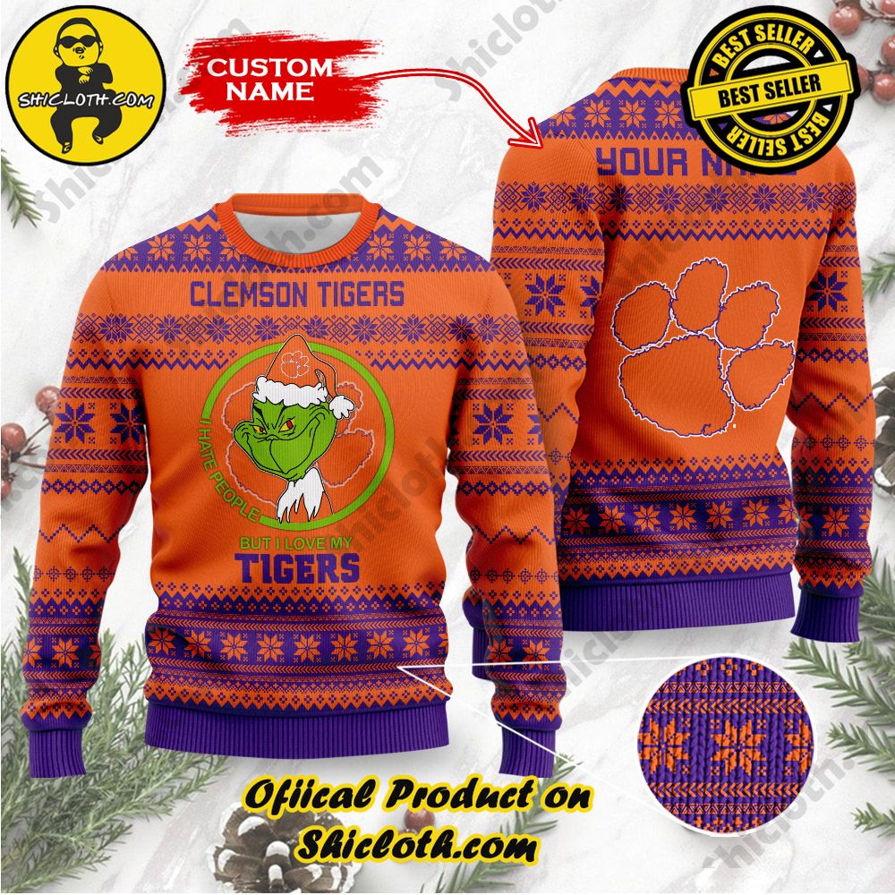 Shiclothshop's Unique Collection of Ugly Christmas Sweaters 7 NCAA Clemson Tigers Grinch Custom Name Ugly Christmas Sweater
