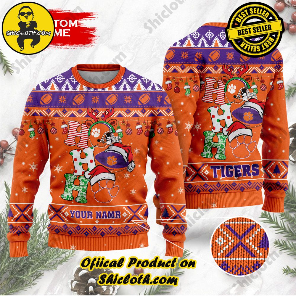 Shiclothshop's Unique Collection of Ugly Christmas Sweaters 55 NCAA Clemson Tigers Ho Ho Ho Custom Name Ugly Wool Sweater