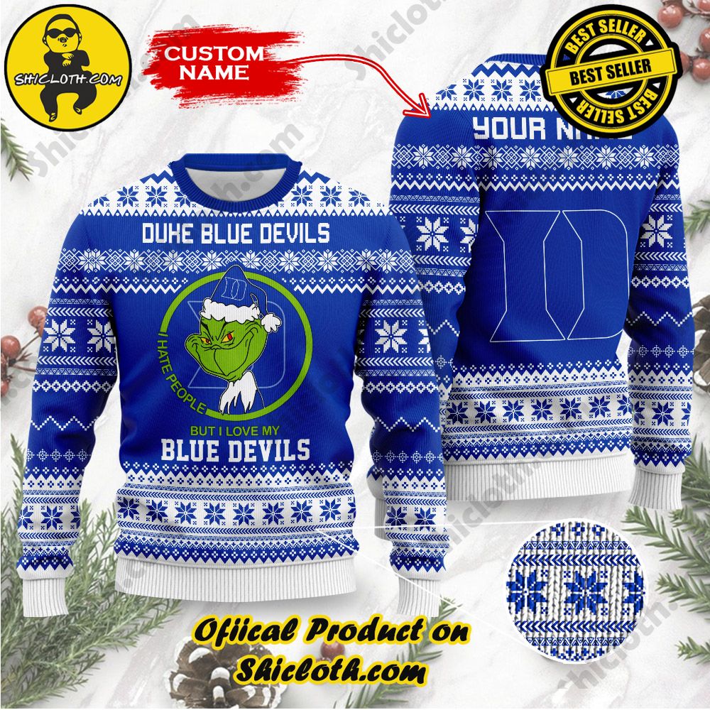 Shiclothshop's Unique Collection of Ugly Christmas Sweaters 8 NCAA Duke Blue Devils Grinch Custom Name Ugly Christmas Sweater