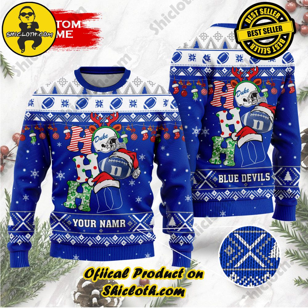 Best Seller Unveiling Festive Delight: Shiclothshop's Unique Collection of Ugly Christmas Sweaters 89 NCAA Duke Blue Devils Ho Ho Ho Custom Name Ugly Christmasl Sweater