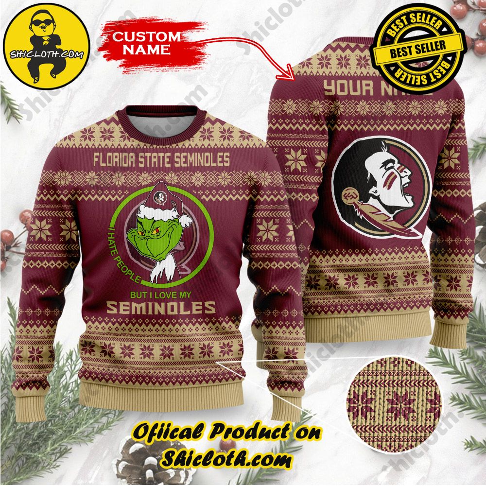 Shiclothshop's Unique Collection of Ugly Christmas Sweaters 10 NCAA Florida State Seminoles Grinch Custom Name Ugly Christmas Sweater