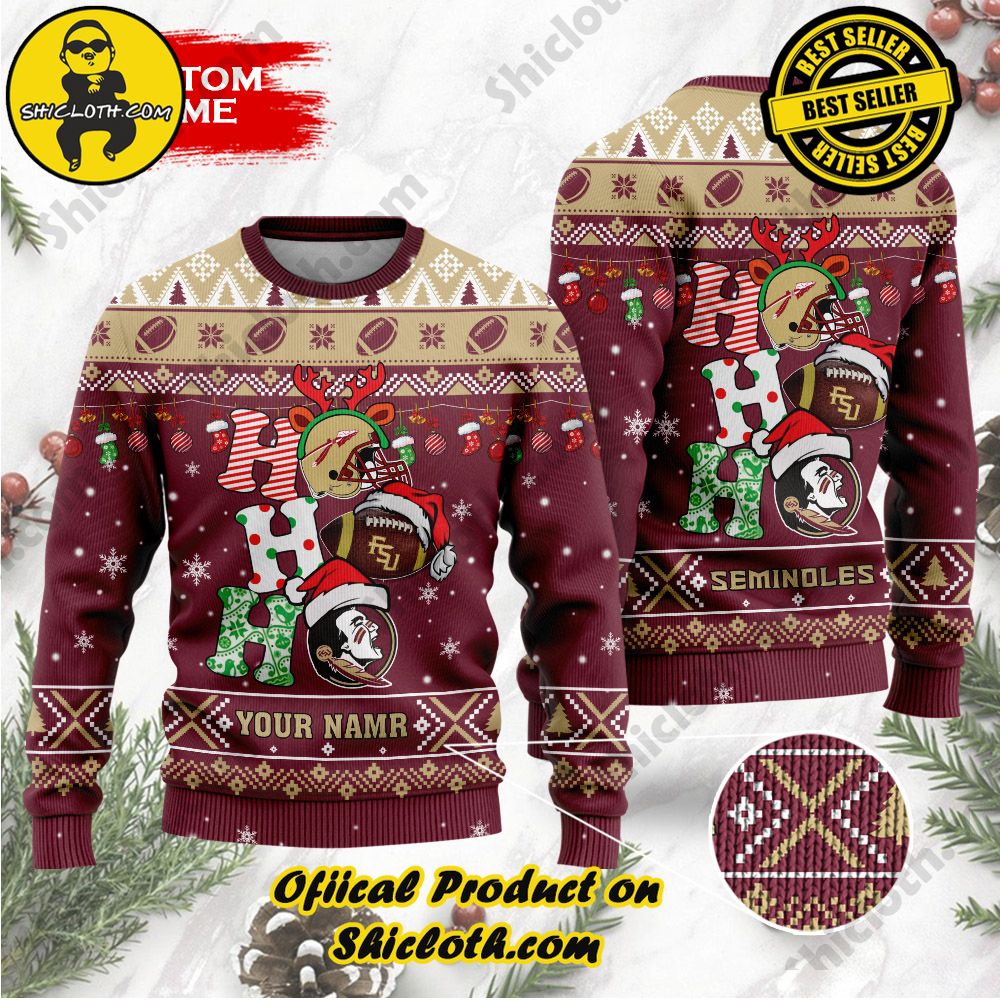 Best Seller Unveiling Festive Delight: Shiclothshop's Unique Collection of Ugly Christmas Sweaters 91 NCAA Florida State Seminoles Ho Ho Ho Custom Name Ugly Christmasl Sweater