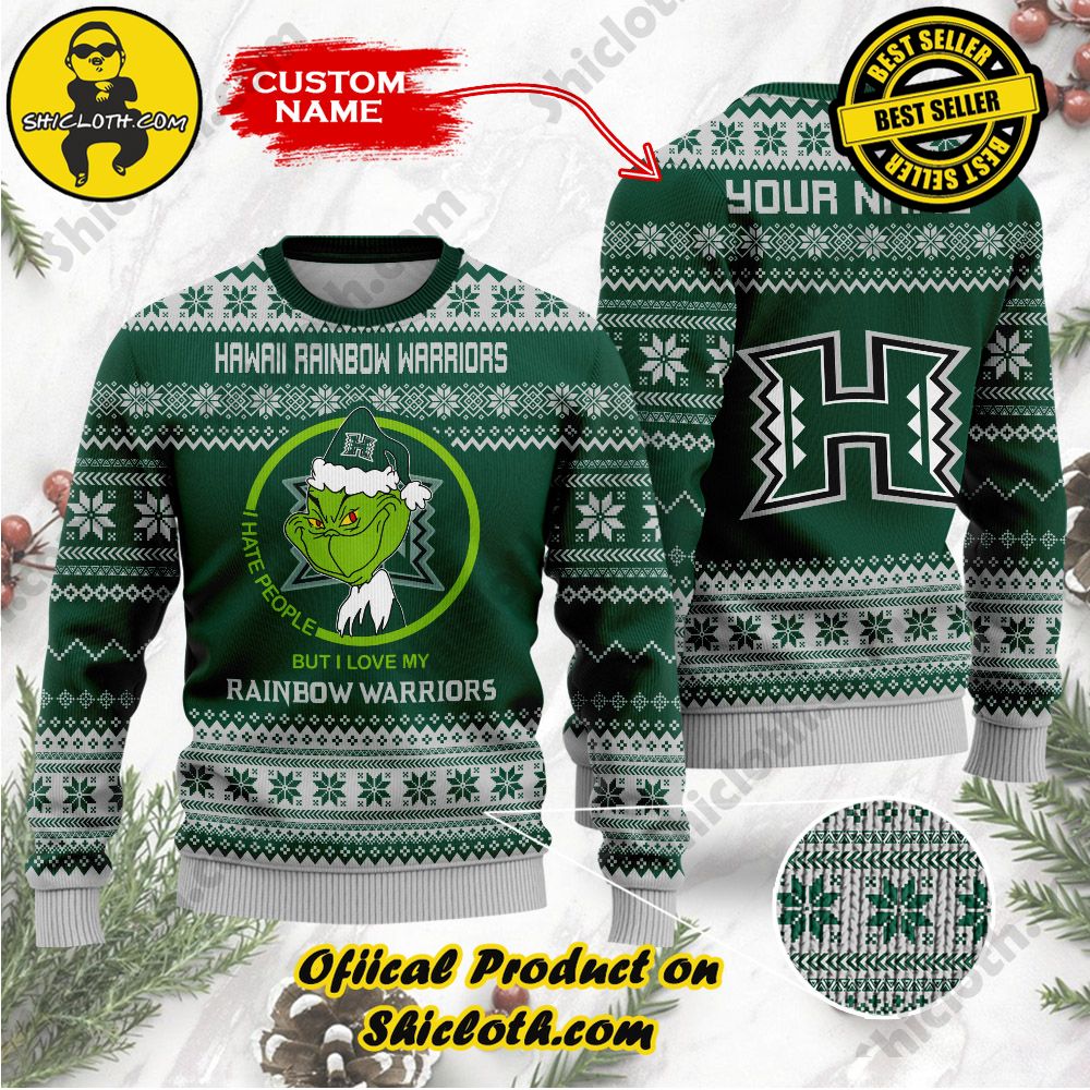 Shiclothshop's Unique Collection of Ugly Christmas Sweaters 12 NCAA Hawaii Rainbow Warriors Grinch Custom Name Ugly Christmas Sweater