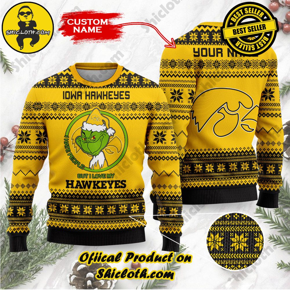 Shiclothshop's Unique Collection of Ugly Christmas Sweaters 14 NCAA Iowa Hawkeyes Grinch Custom Name Ugly Christmas Sweater