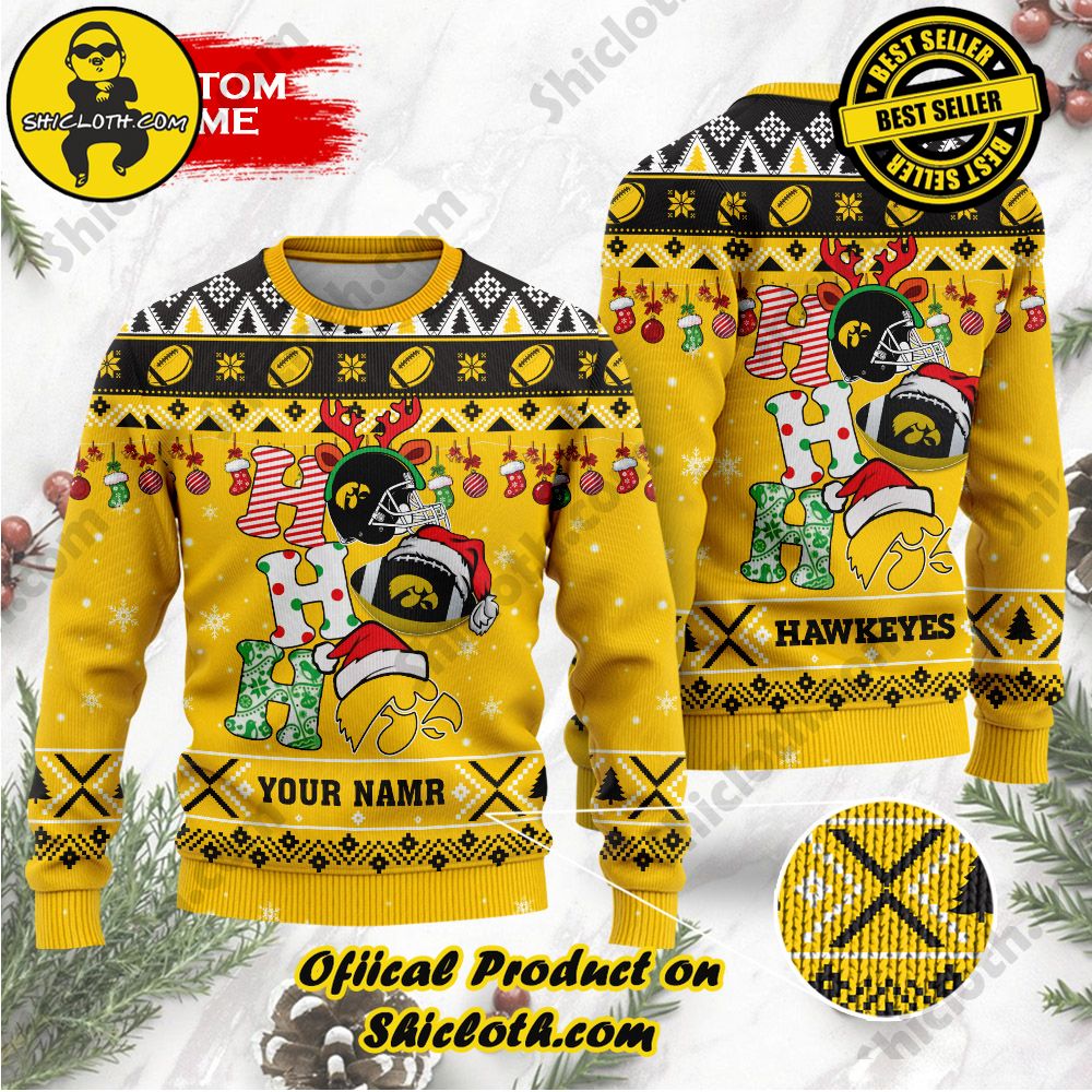 Best Seller Unveiling Festive Delight: Shiclothshop's Unique Collection of Ugly Christmas Sweaters 93 NCAA Iowa Hawkeyes Ho Ho Ho Custom Name Ugly Christmasl Sweater
