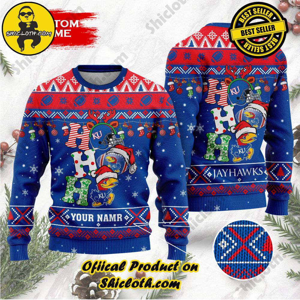 Best Seller Unveiling Festive Delight: Shiclothshop's Unique Collection of Ugly Christmas Sweaters 94 NCAA Kansas Jayhawks Ho Ho Ho Custom Name Ugly Christmasl Sweater