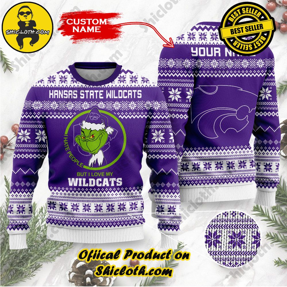 Shiclothshop's Unique Collection of Ugly Christmas Sweaters 16 NCAA Kansas State Wildcats Grinch Custom Name Ugly Christmas Sweater