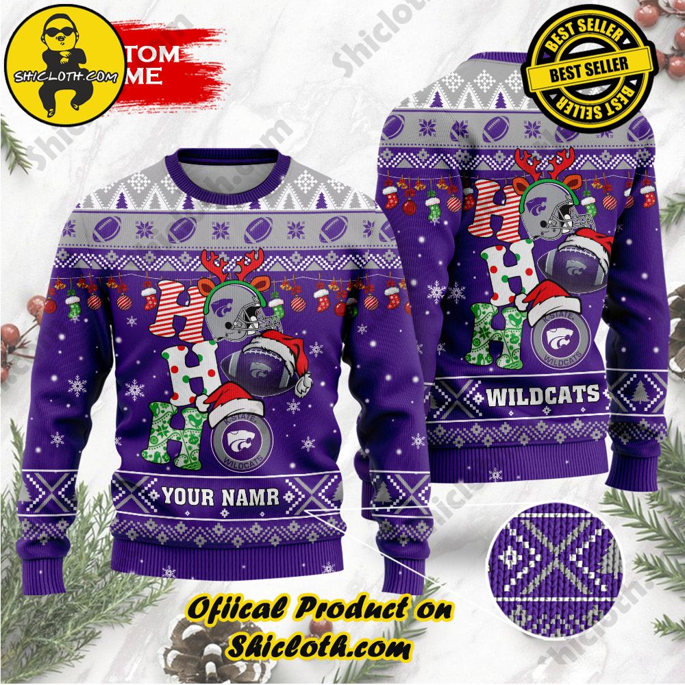Best Seller Unveiling Festive Delight: Shiclothshop's Unique Collection of Ugly Christmas Sweaters 95 NCAA Kansas State Wildcats Ho Ho Ho Custom Name Ugly Christmasl Sweater