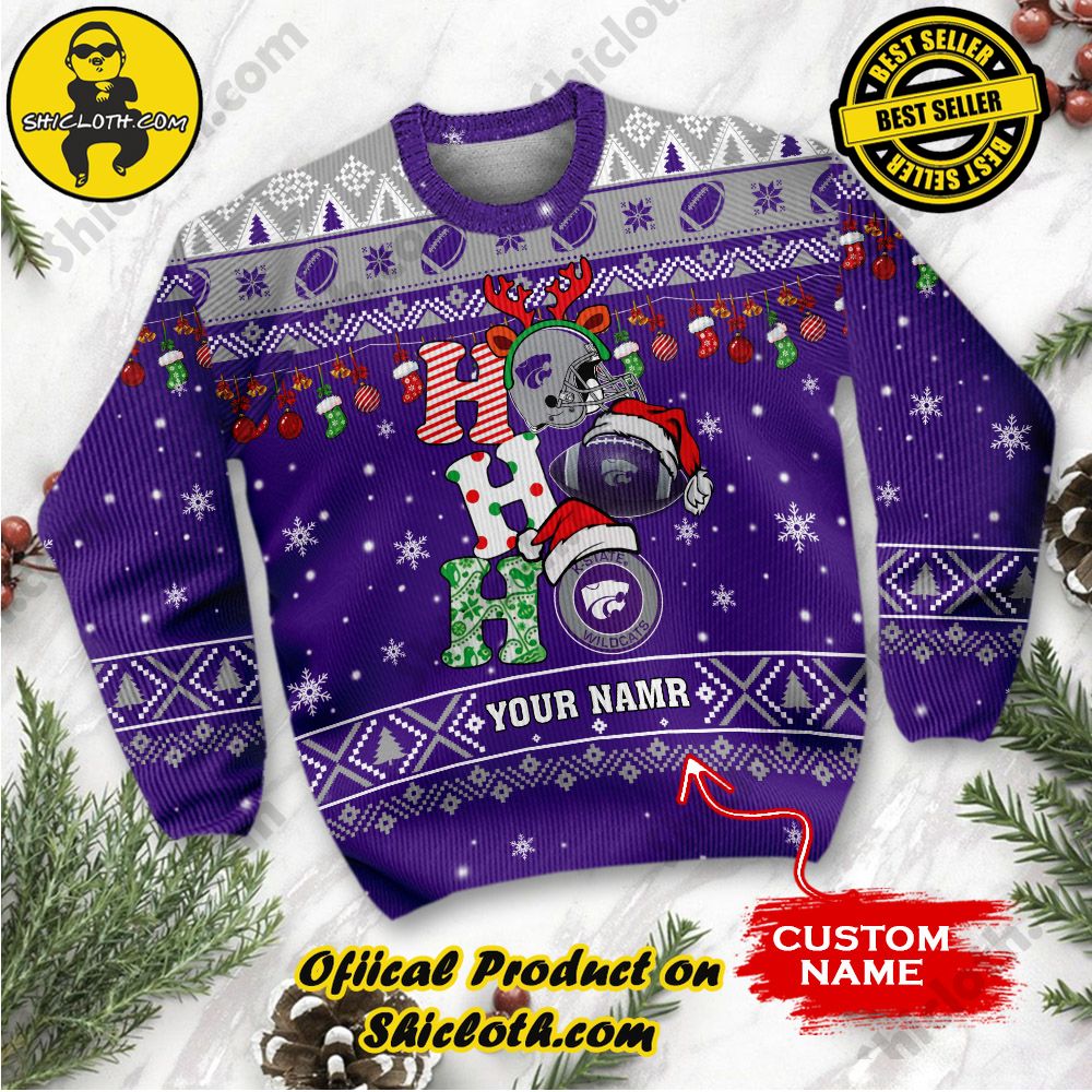 NCAA Kansas State Wildcats Ho Ho Ho Custom Name Ugly Christmasl Sweater 2 NCAA Kansas State Wildcats Ho Ho Ho Custom Name Ugly Christmasl Sweater - Image 2