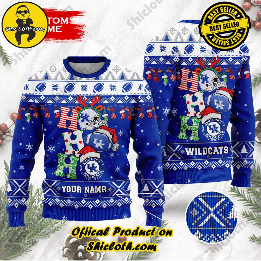 Best Seller Unveiling Festive Delight: Shiclothshop's Unique Collection of Ugly Christmas Sweaters 96 NCAA Kentucky Wildcats Ho Ho Ho Custom Name Ugly Christmasl Sweater