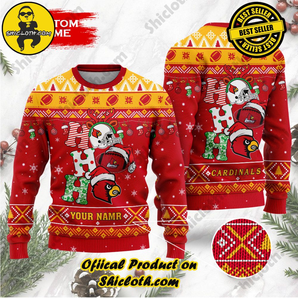 Best Seller Unveiling Festive Delight: Shiclothshop's Unique Collection of Ugly Christmas Sweaters 97 NCAA Louisville Cardinals Ho Ho Ho Custom Name Ugly Christmasl Sweater